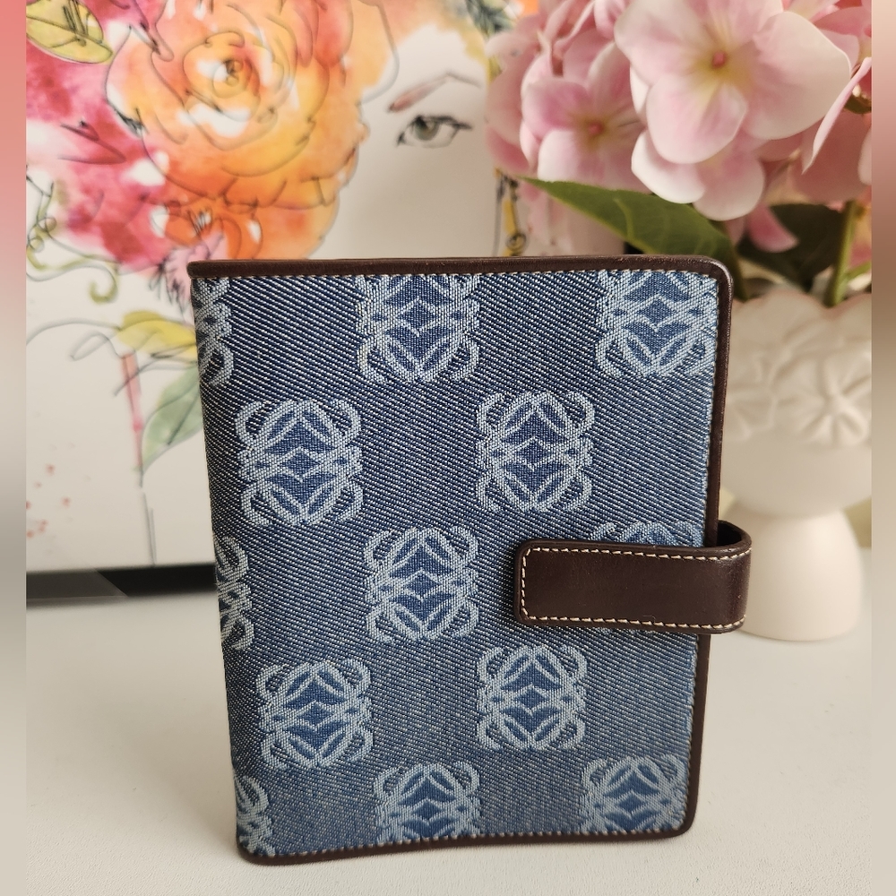 Loewe Blue Denim Anagram Notebook Cover with Brown Leather Trim
